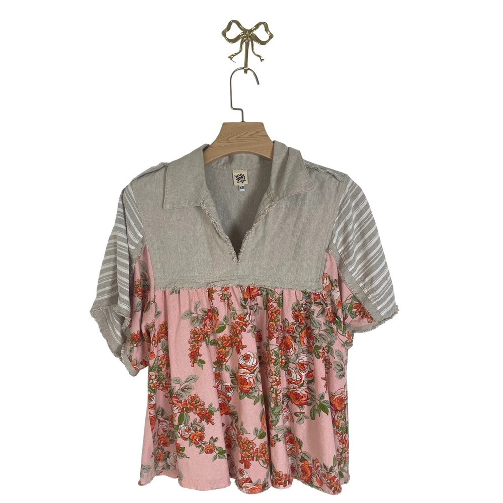 Ivy Jane Mixed Media Floral Linen Blend Top Pink Tan Striped  XS